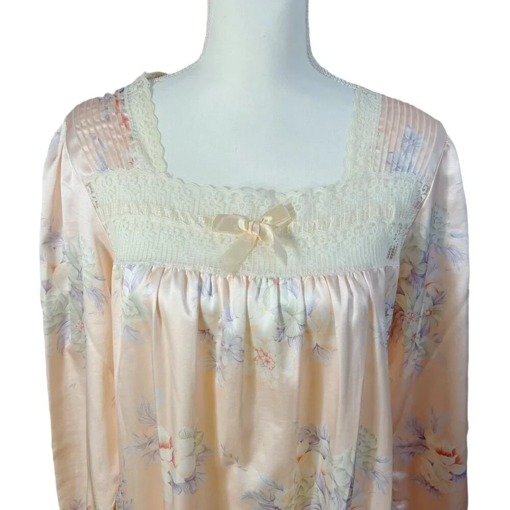 Vintage Barbizon Pink Satin Nightgown Lace Trim Bow Coquette 1980s Size M - Picture 2 of 10